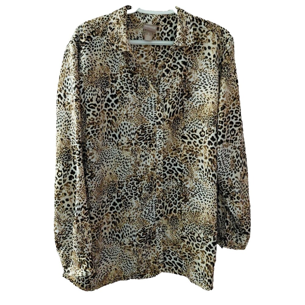 Chicos Women’s Leopard Print Button Down Shirt Tunic Animal Print Size 3(XL) - Picture 1 of 11